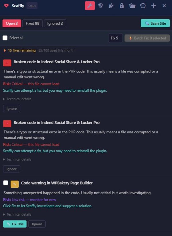 Scaffly scanning WordPress site - issue dashboard with one-click fixes